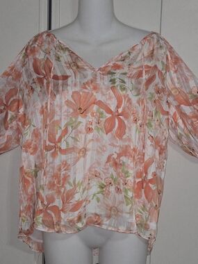 Joie Peach Floral V-Neck Sheer Blouse Size Medium